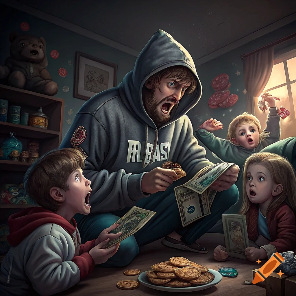 Image of a man resembling Mr. Beast showing money and cookies to excited children.
