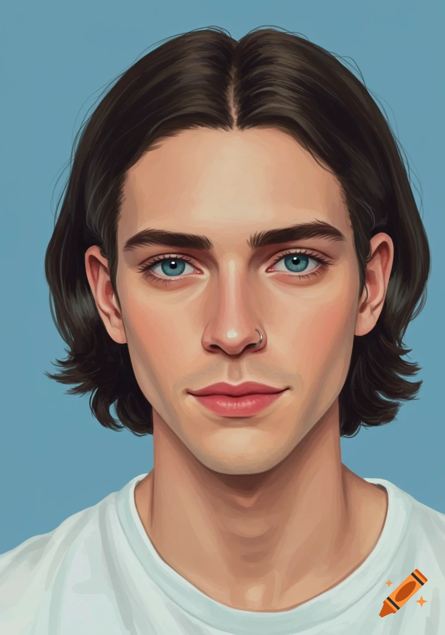 Portrait of a young man with dark brown hair and blue eyes.