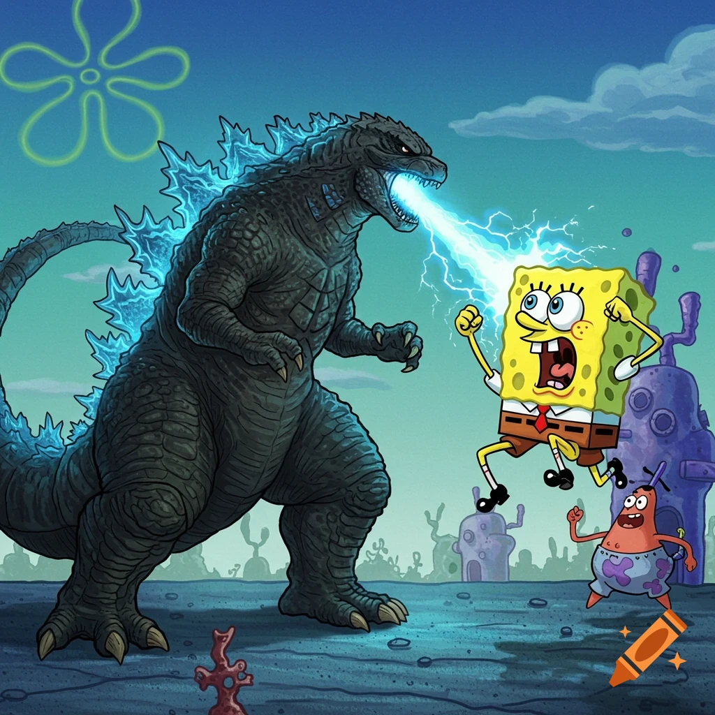 Godzilla breathing atomic breath at Spongebob and Patrick in Bikini Bottom