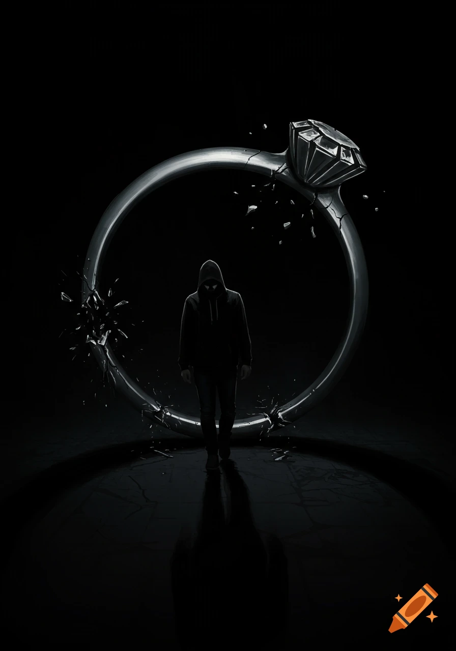 A person in a black hoodie stands inside a large, shattered silver wedding ring on a dark surface.
