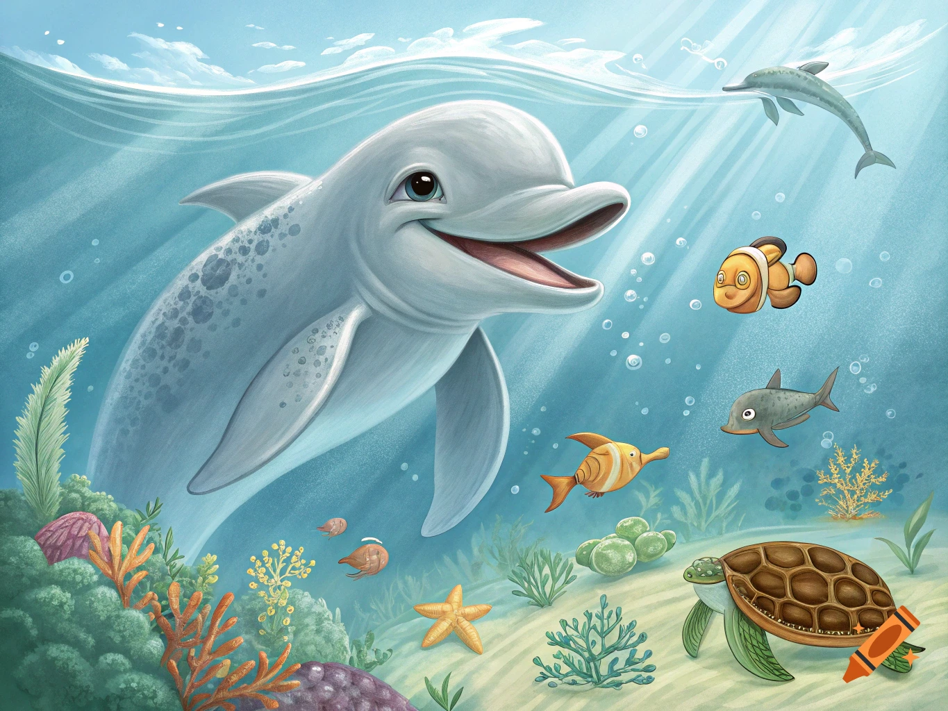 Cartoon dolphin and other marine life swim in a vibrant underwater scene.