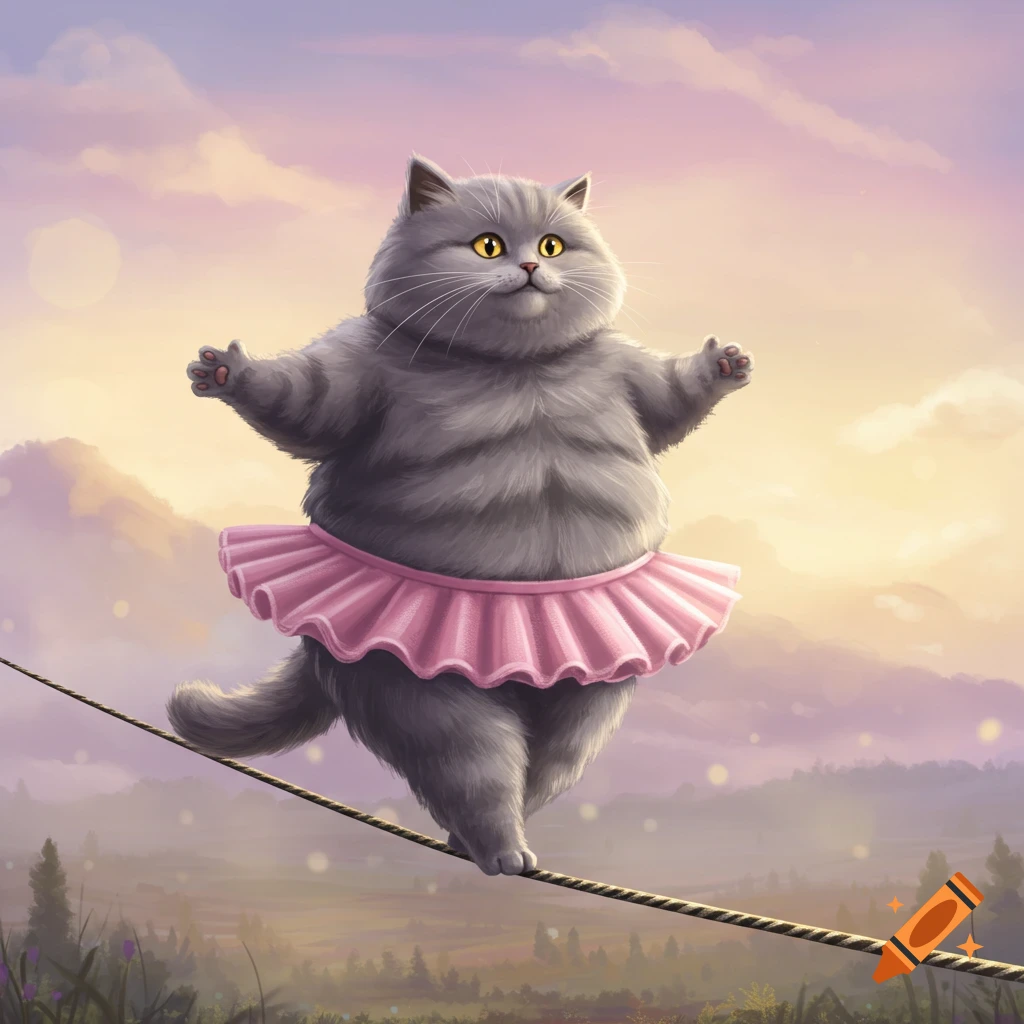 A fluffy grey cat wearing a pink tutu walks on a tightrope at sunset.