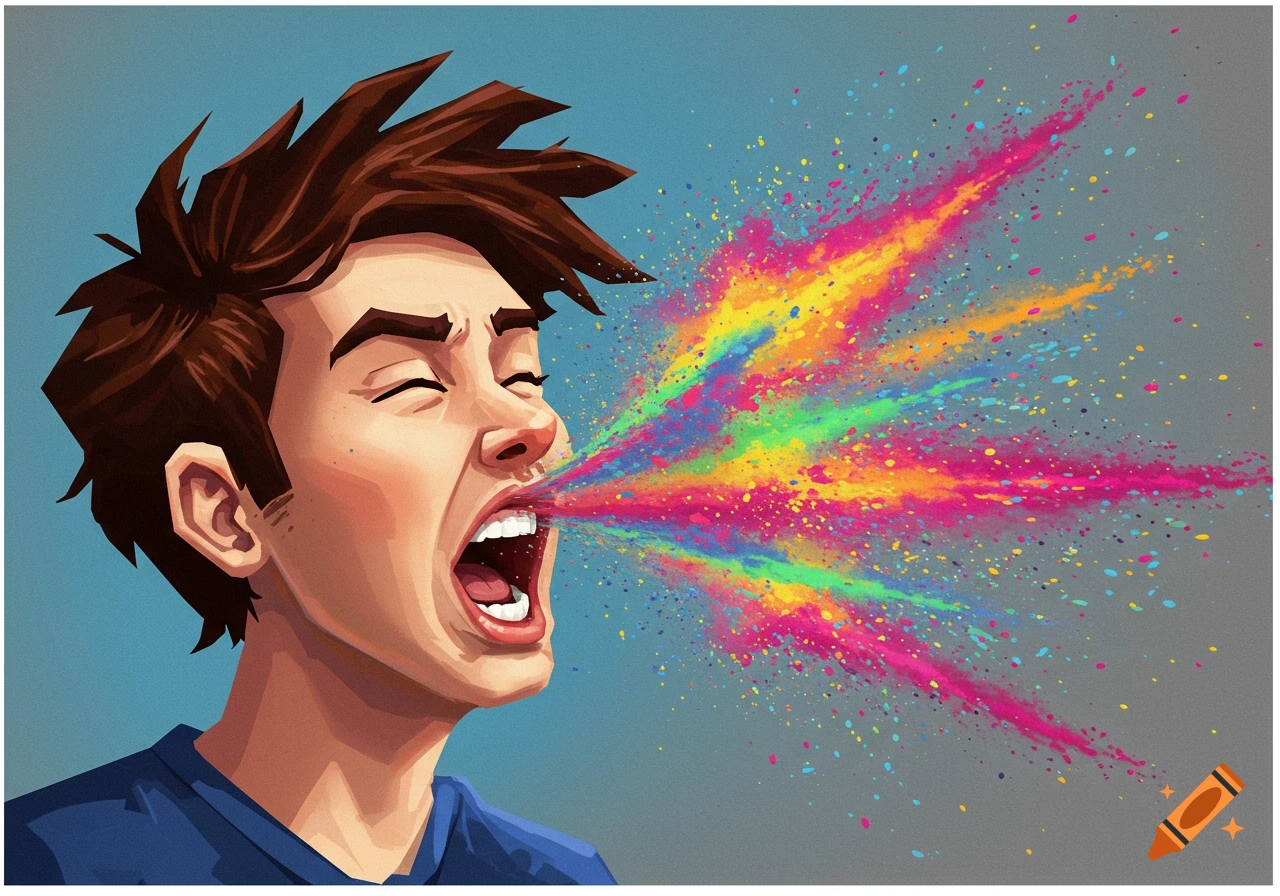 A person with eyes closed, mouth open, expelling a burst of colorful powder.