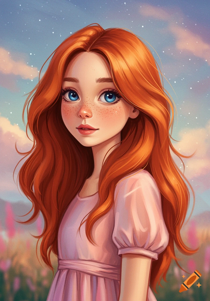 A young girl with red hair, blue eyes, freckles, and a pink dress stands in a field.