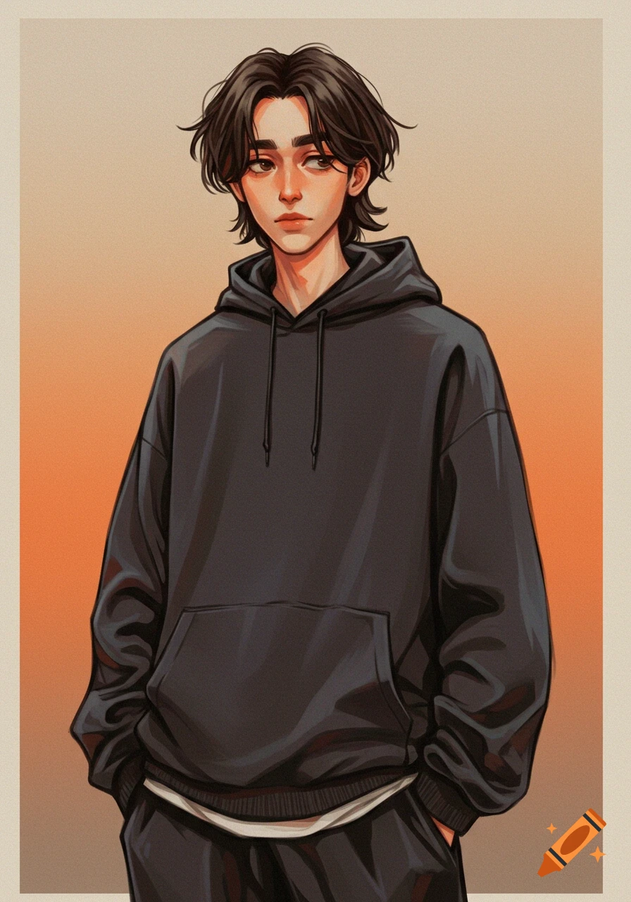 An illustration of a young man wearing a black hoodie and sweatpants.