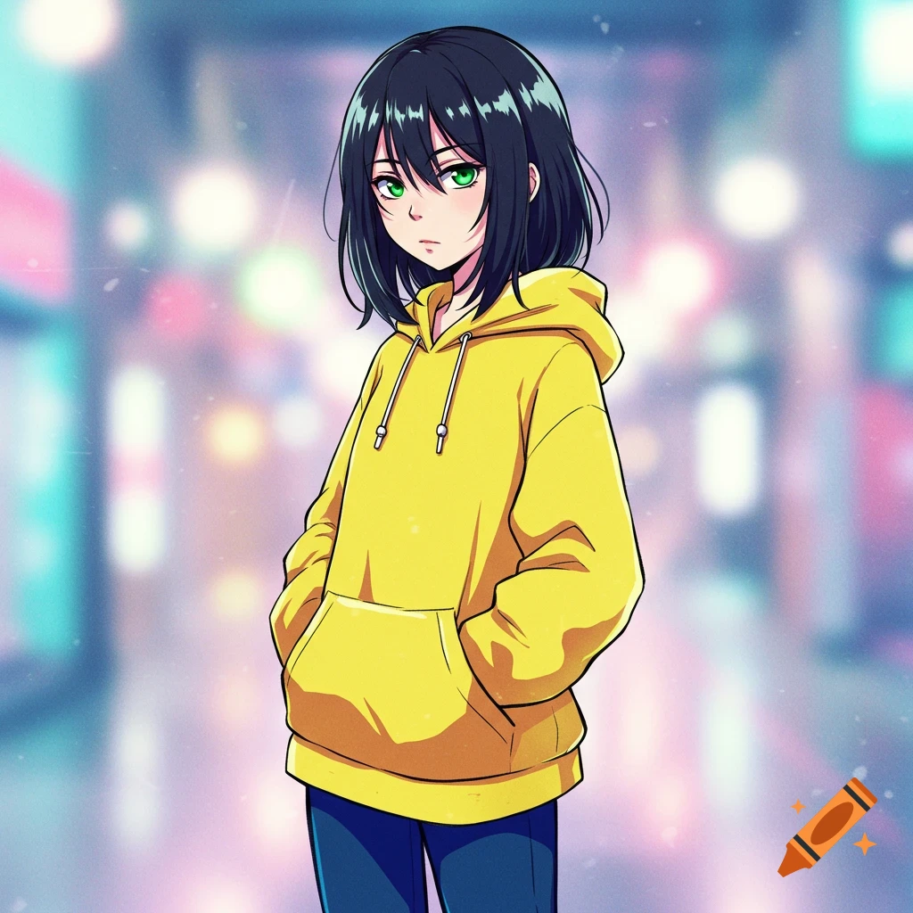 Anime girl with short dark hair and green eyes, wearing a yellow hoodie, standing in a blurry city street at night.