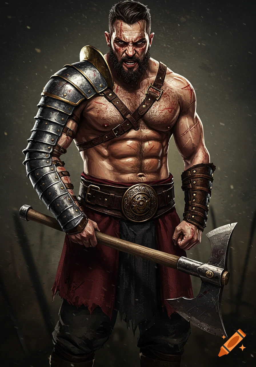 Fierce warrior with battle scars and armor holding an axe.