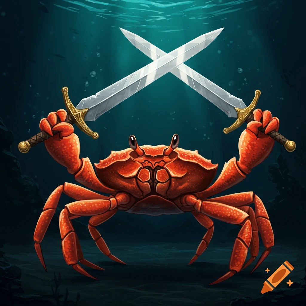 A crab holds two crossed swords underwater.