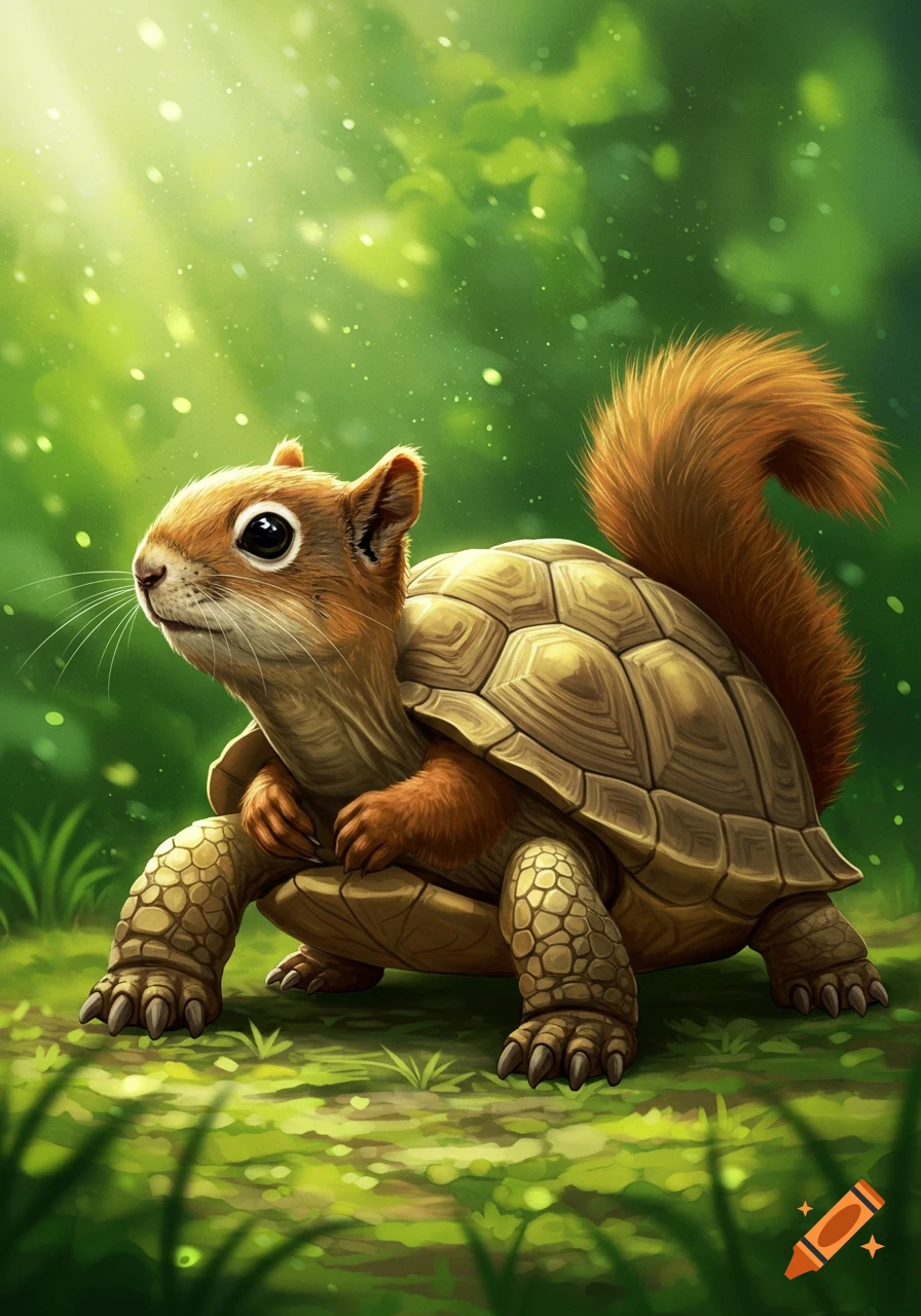A squirrel turtle hybrid walking on grass in a forest.