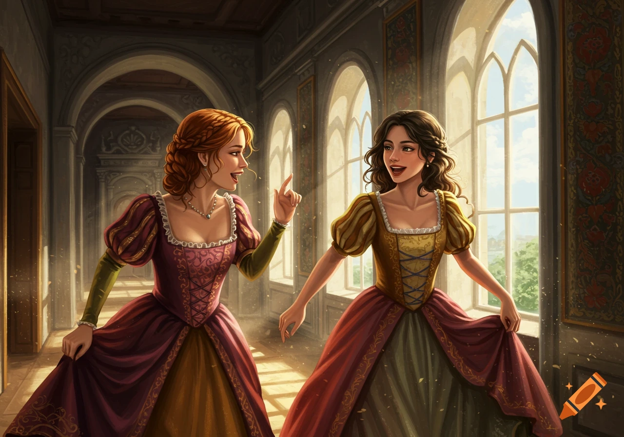 Two women in historical gowns laugh in a sunlit palace corridor.