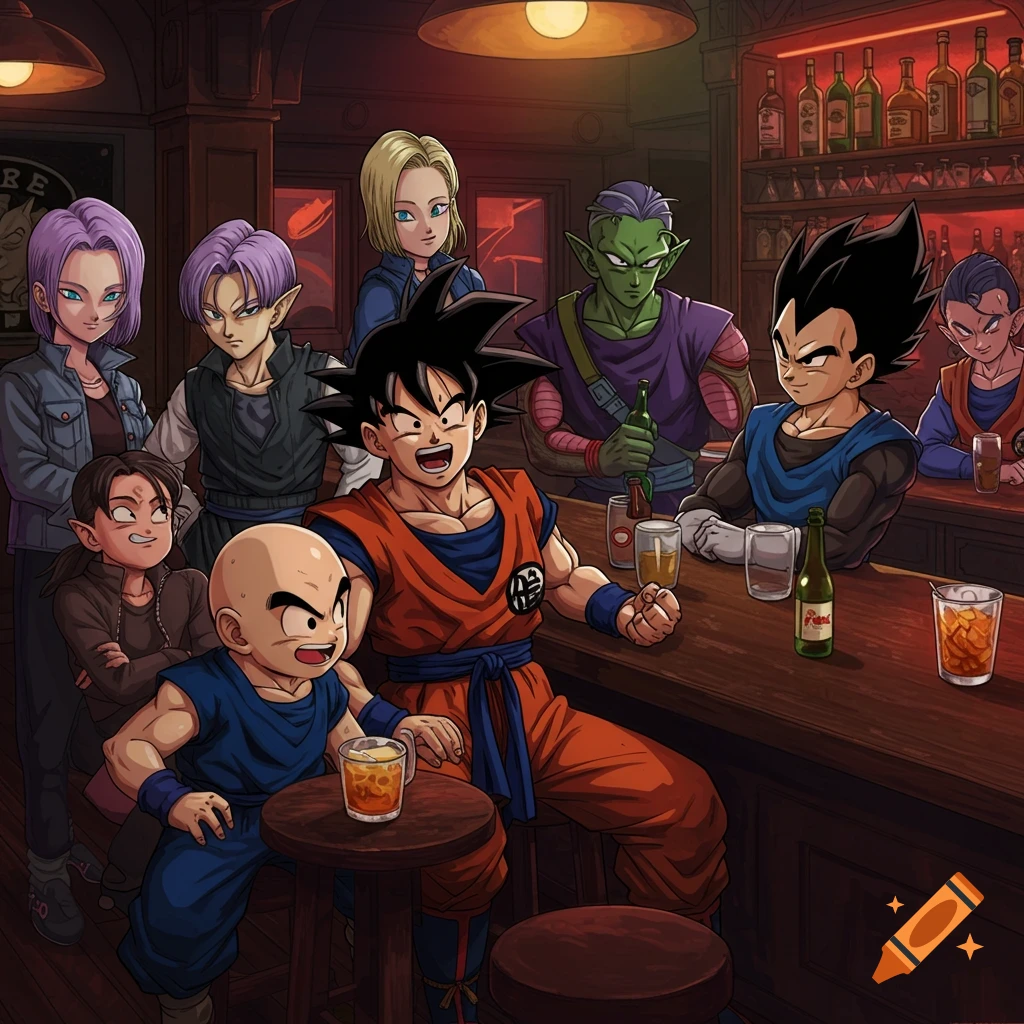 Anime style drawing of Dragon Ball Z characters Goku, Vegeta, Piccolo, Krillin, and others at a bar.