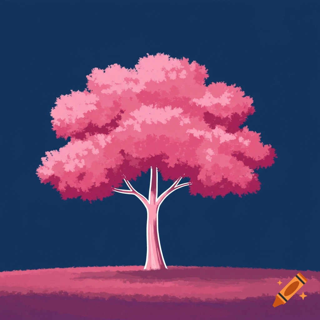 A minimalist pink tree with a white outline on a dark blue background.