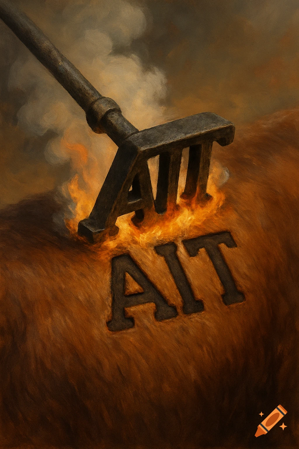 Cattle brander burning the letters AIT into hide