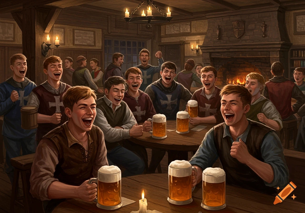 A group of young men are laughing and drinking beer in a crowded, dimly lit pub.
