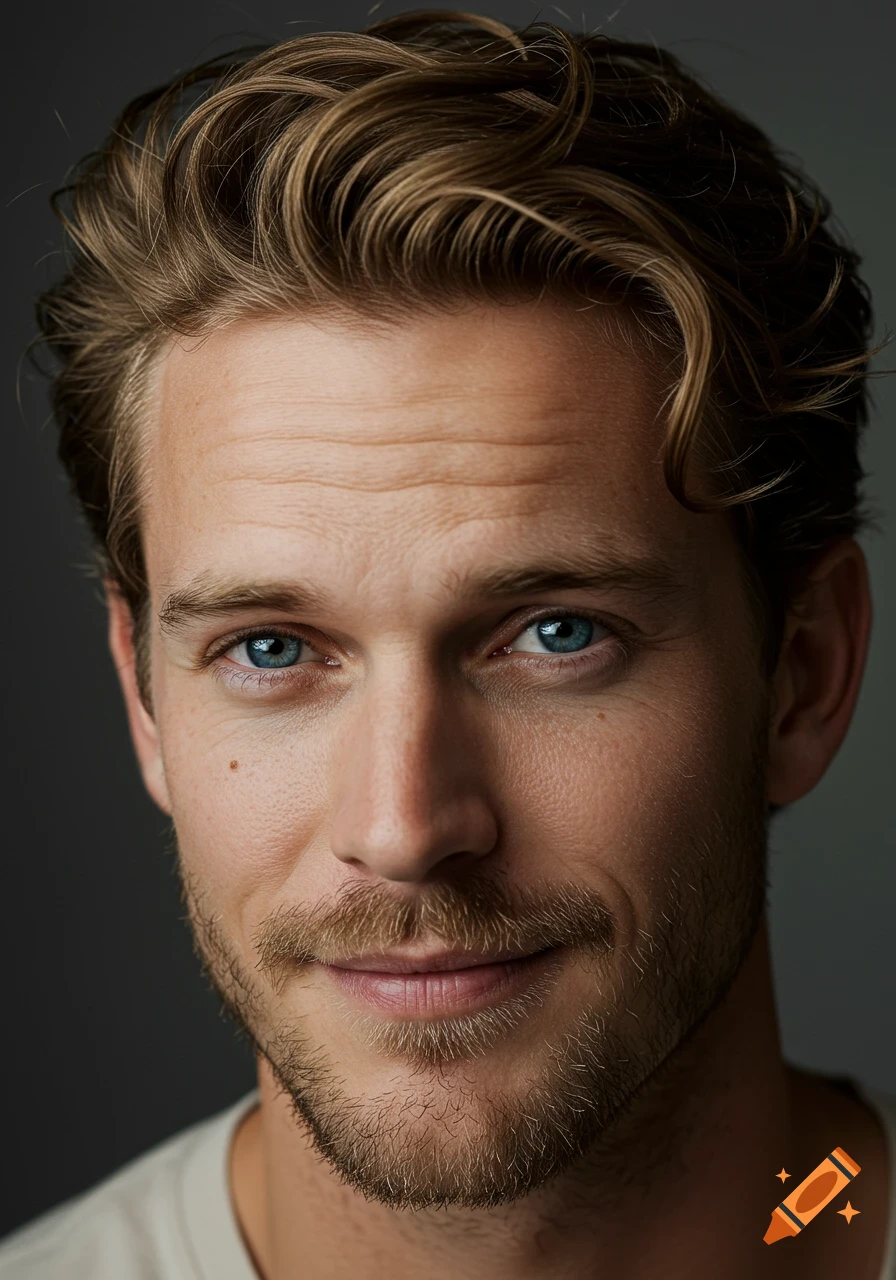 Close-up portrait of a man with dark blond hair and scruff.