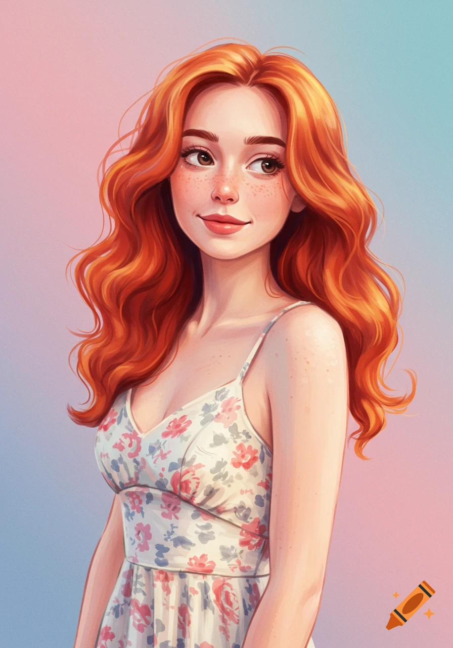 A young woman with red hair and freckles in a floral dress, smiling and looking to the side.