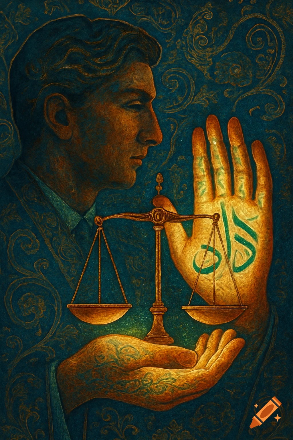 Painterly depiction of a man's profile looking at hands holding scales of justice, with Persian calligraphy on a palm.