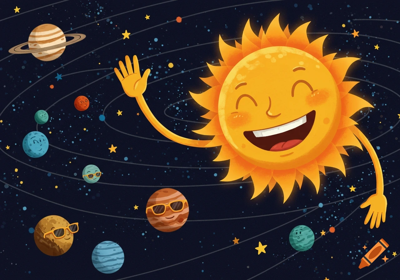 Cartoon illustration of a smiling Sun waving in space with planets wearing sunglasses