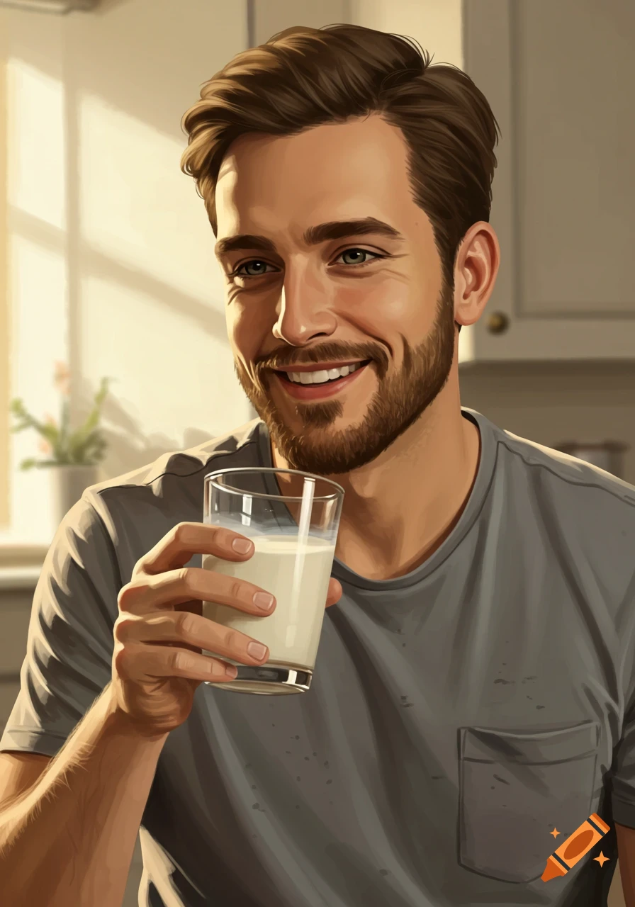 A smiling man holding a glass of milk