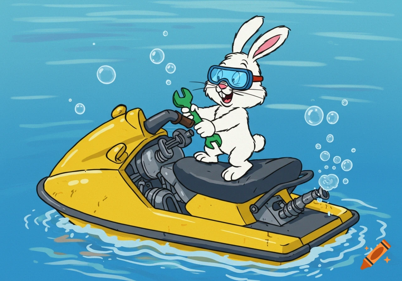 A cartoon rabbit with goggles sits on a yellow jetski, holding a wrench in the water.