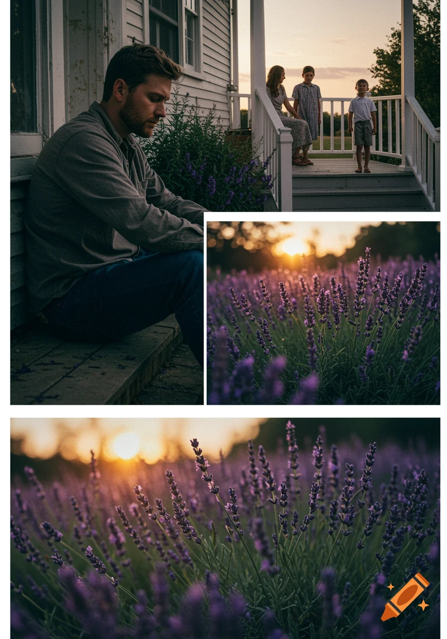 Collage: man on steps, blurred people on porch, close-ups of lavender at sunset.