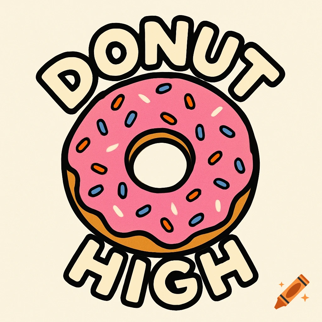A cartoon illustration of a pink frosted donut with sprinkles and the words 'Donut High' above and below it.
