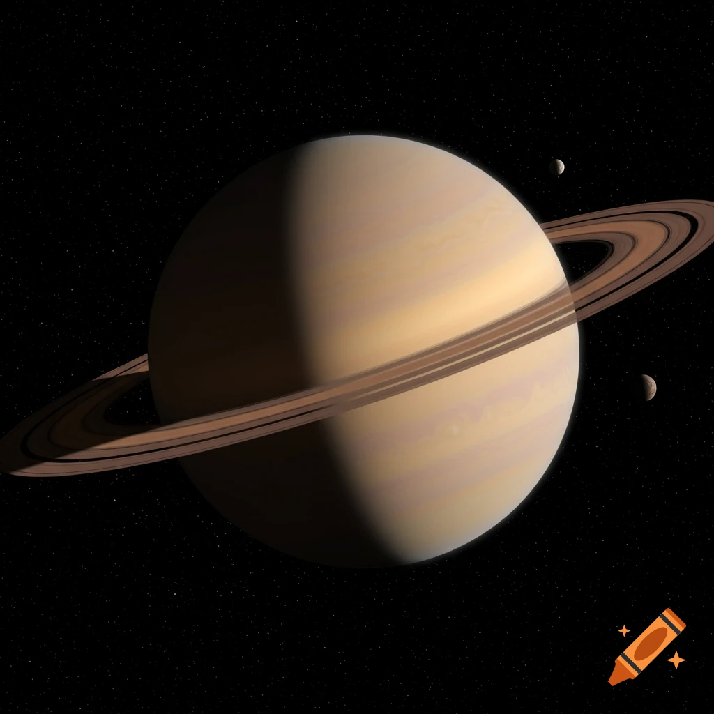 The planet Saturn with its rings and moons, set against a starry background