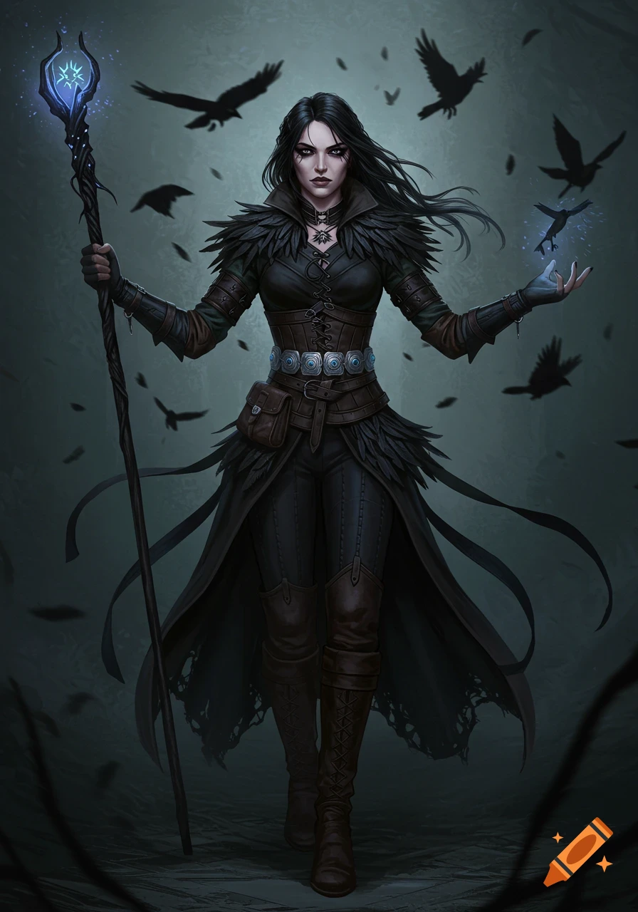 A portrait of a female fantasy mage in dark clothing, holding a staff, with crows around her.