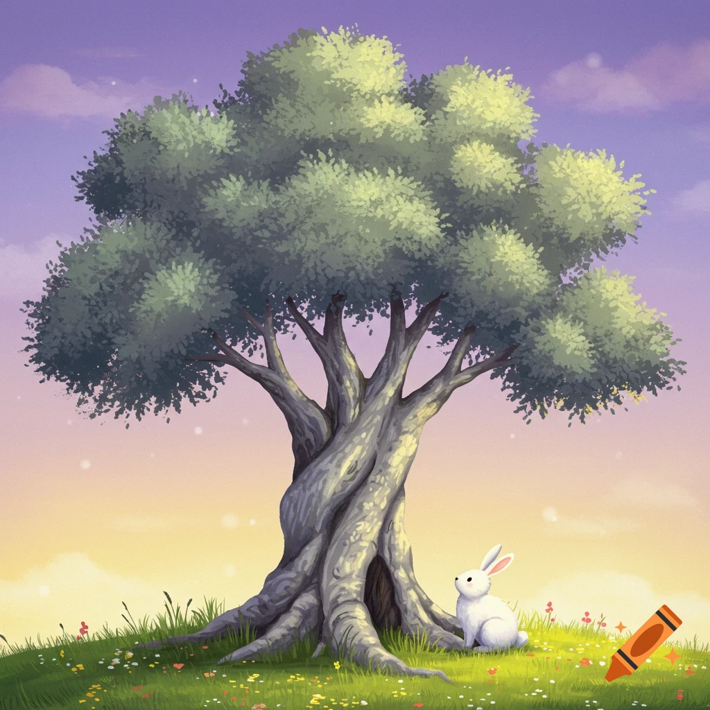 An ancient tree and a white bunny in a field at sunset.