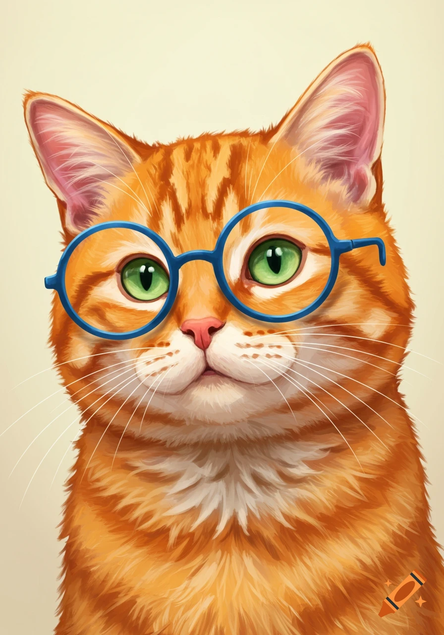 An orange cat wearing blue glasses