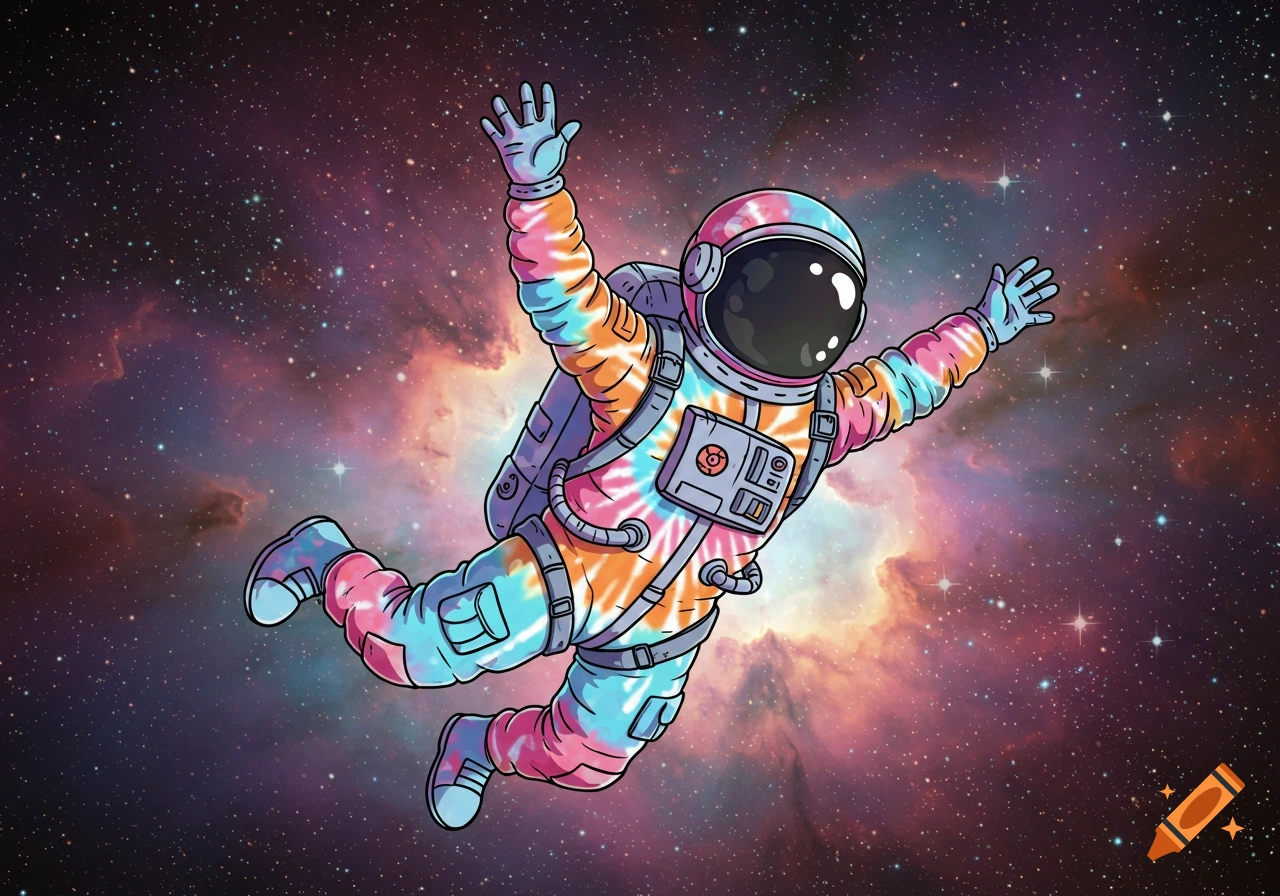 A cartoon astronaut in a psychedelic tie-dye suit floats in front of a colorful nebula, arms raised.