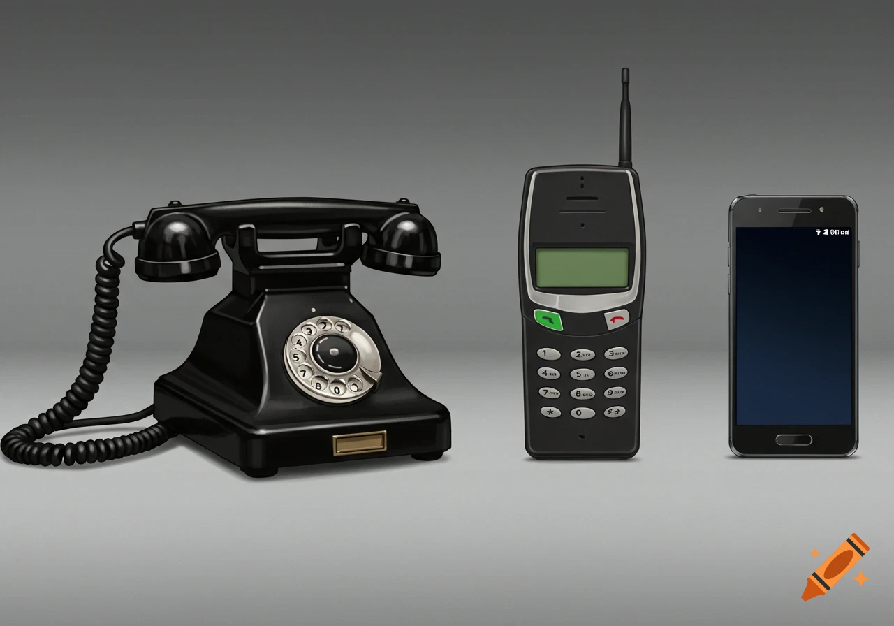 A picture shows the evolution of telephones, featuring a rotary dial phone, a brick mobile phone, and a modern smartphone.