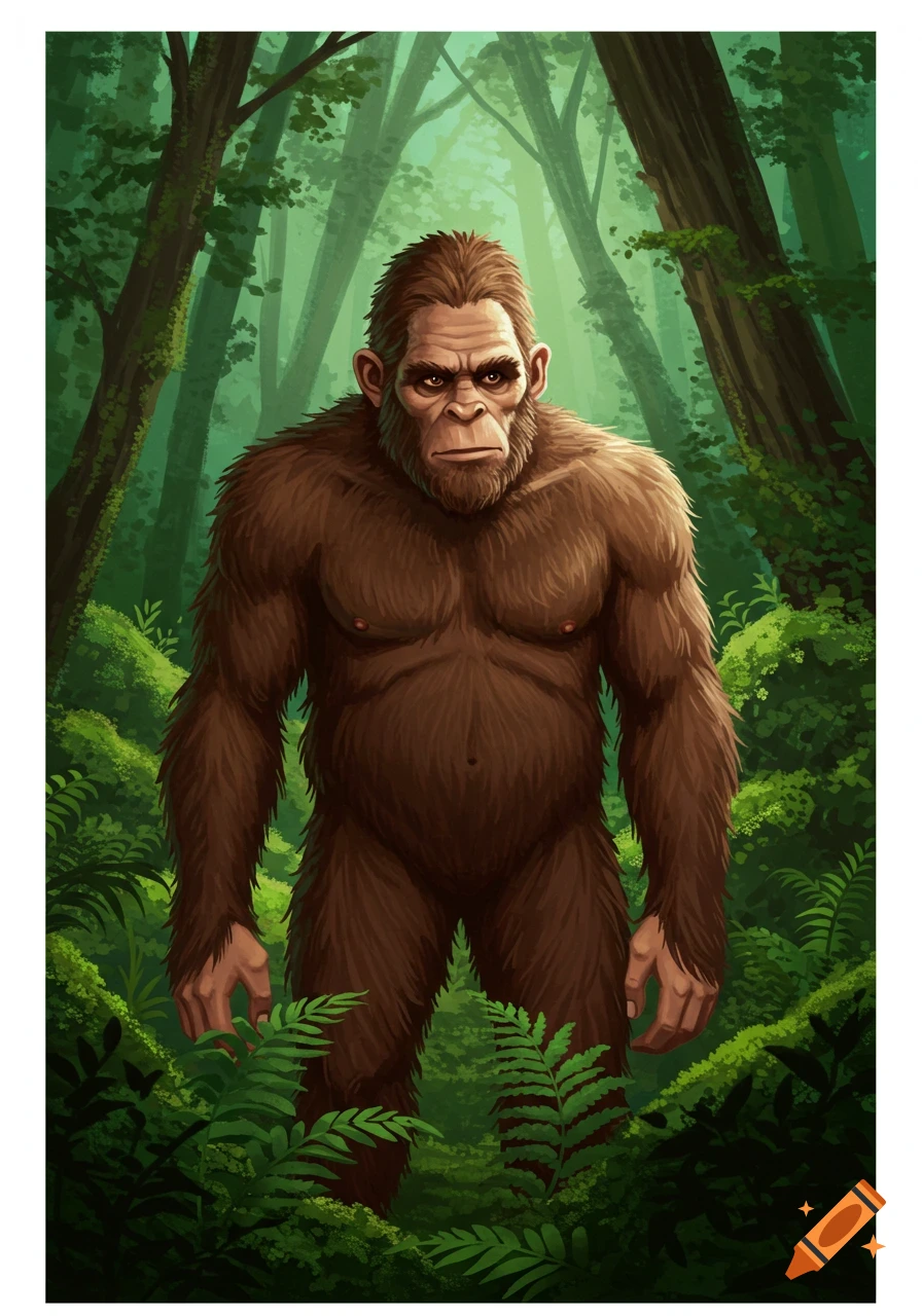 A figure resembling Bigfoot is shown standing in a forest.