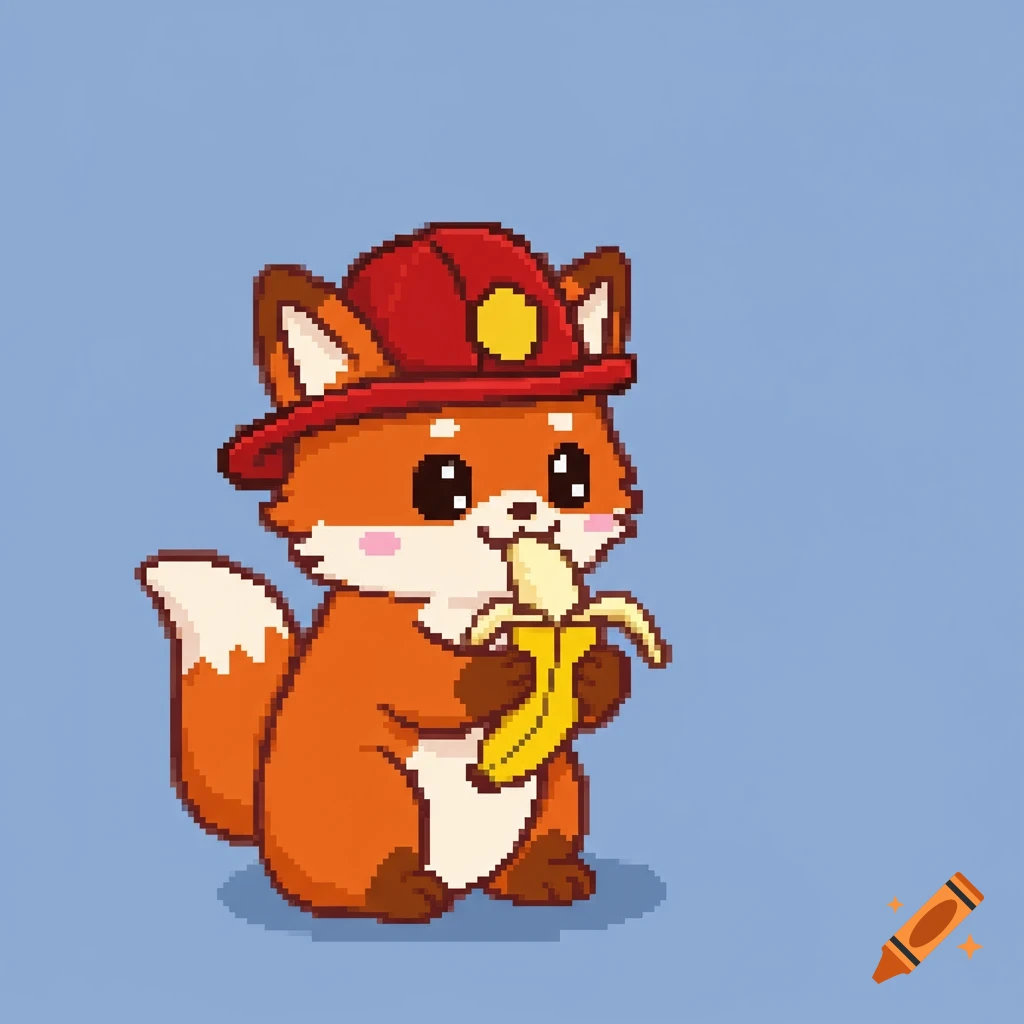 Pixel art fox in fireman hat eating a banana