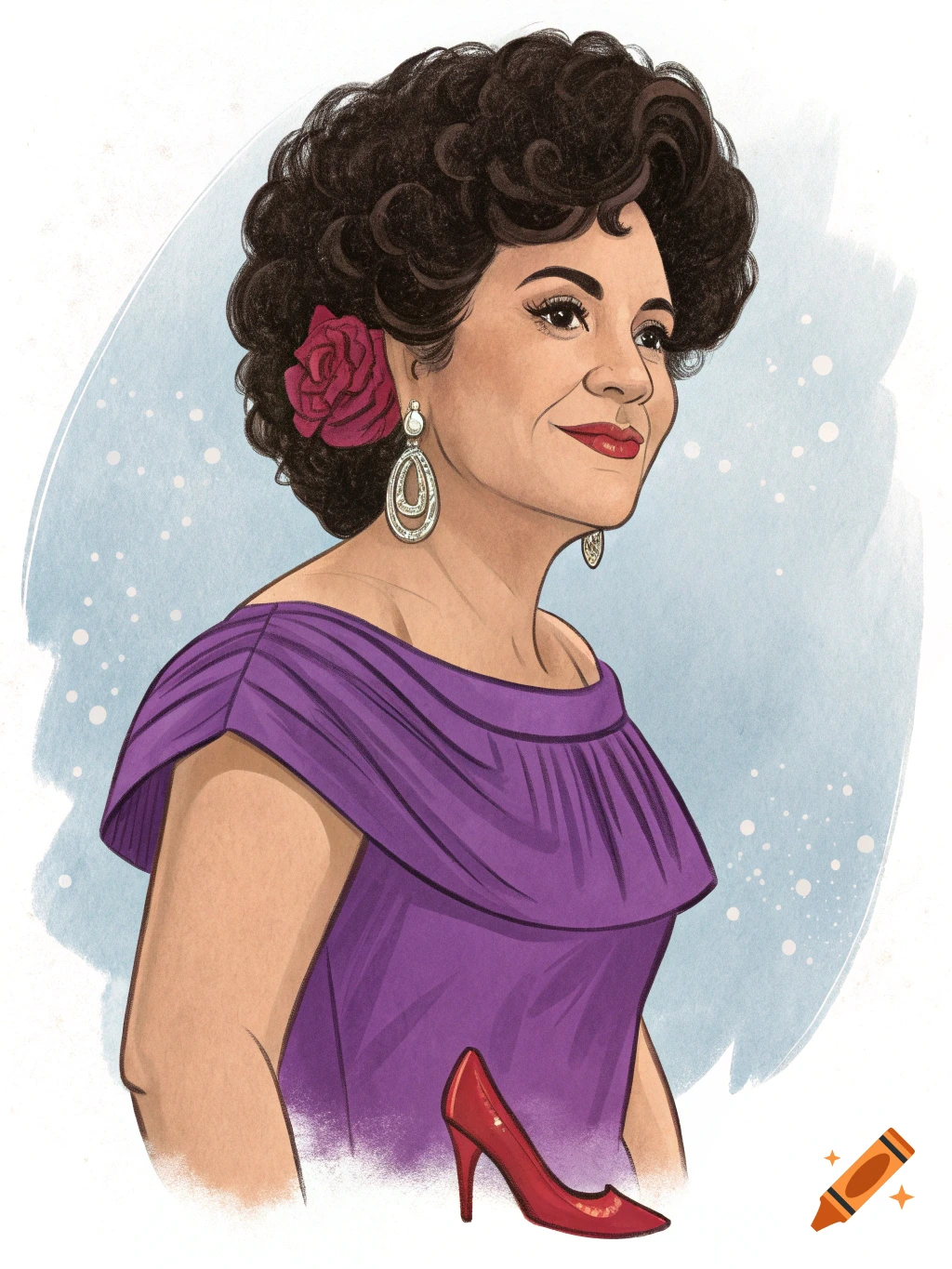 Illustration of a woman with dark curly hair, wearing a purple off-the-shoulder dress, large earrings, and a red flower in her hair, with a red heel near her.