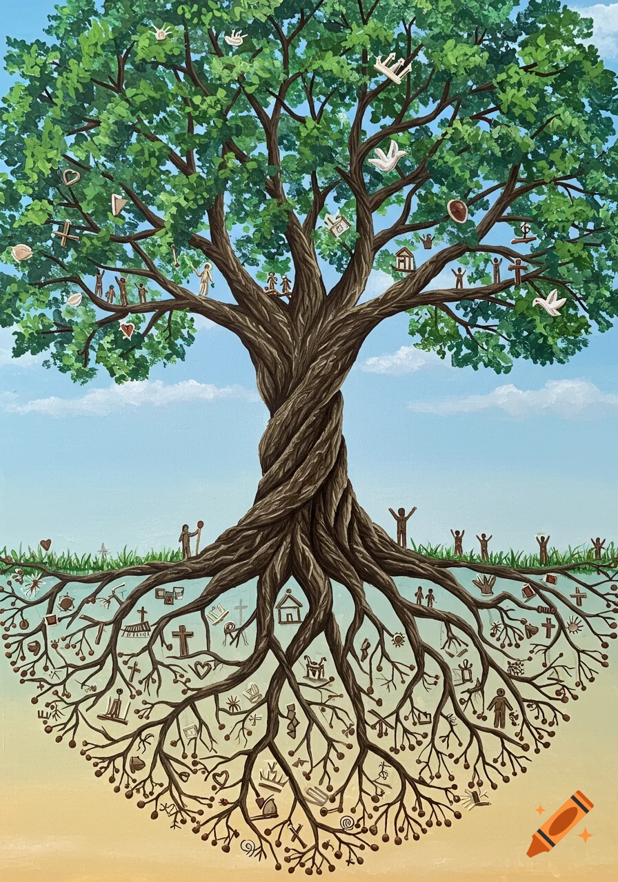 Symbolic tree with roots extending down and branches reaching up, filled with religious symbols and figures.
