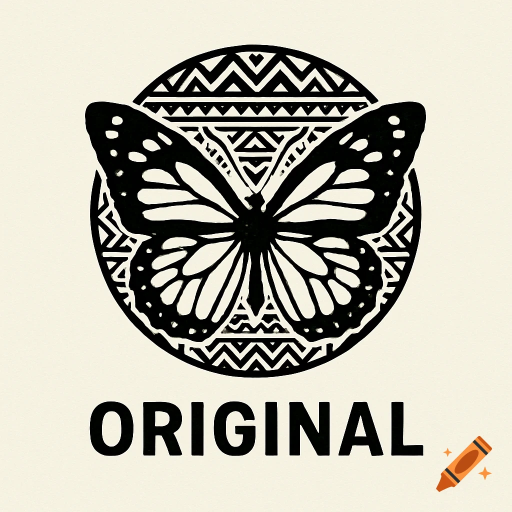 Black and white logo design featuring a butterfly centered above the word "ORIGINAL", set against a circular Tongan pattern.