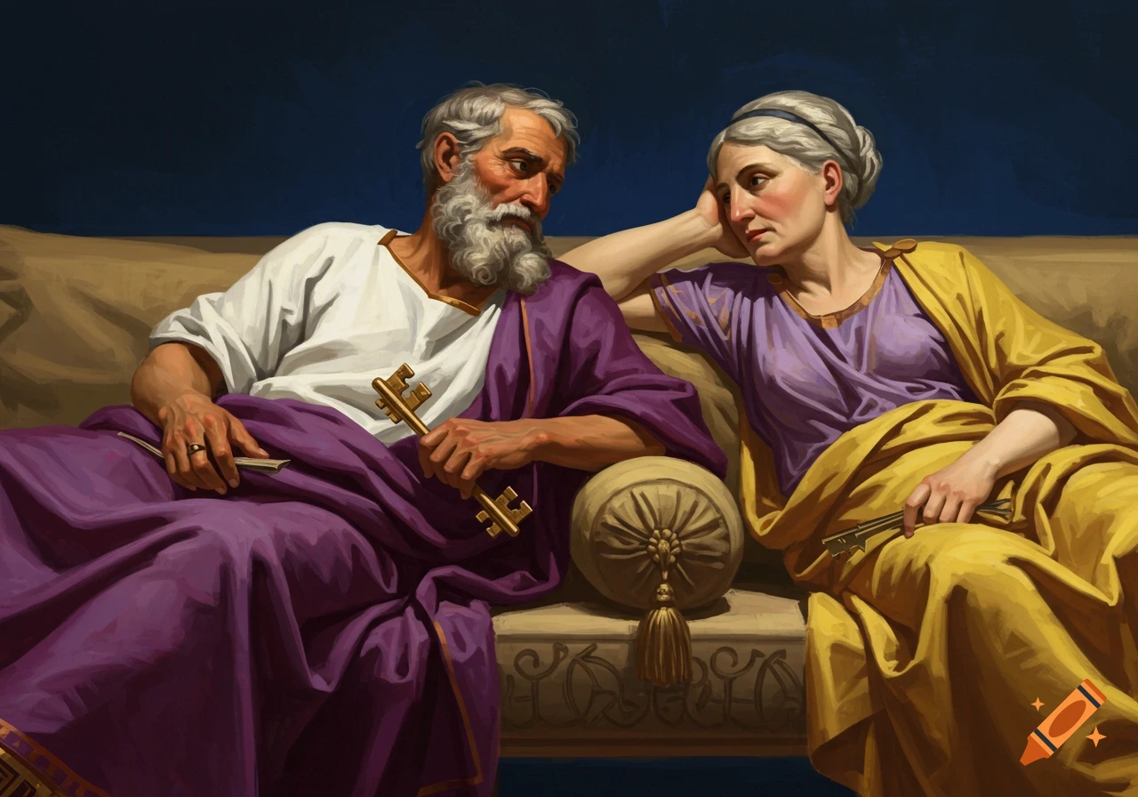 An old man and woman in classical clothes are seated on a couch, holding keys.