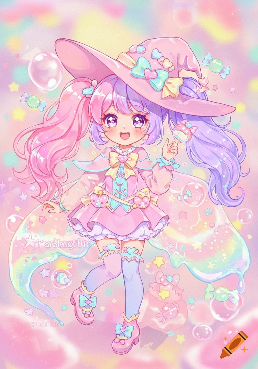 A cute anime witch girl with pink and purple hair, wearing a pink dress and hat, surrounded by bubbles and candy in a pastel style.