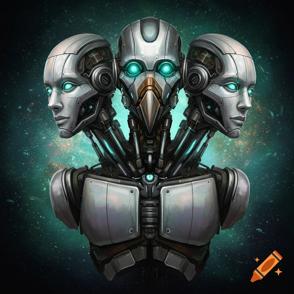A multi-headed robot bust against a starry background.