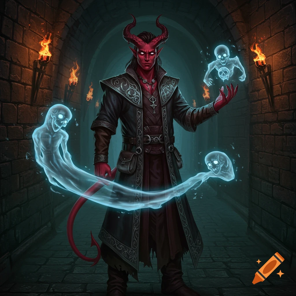 A tiefling wizard casting a spell with phantoms in a dungeon hallway.