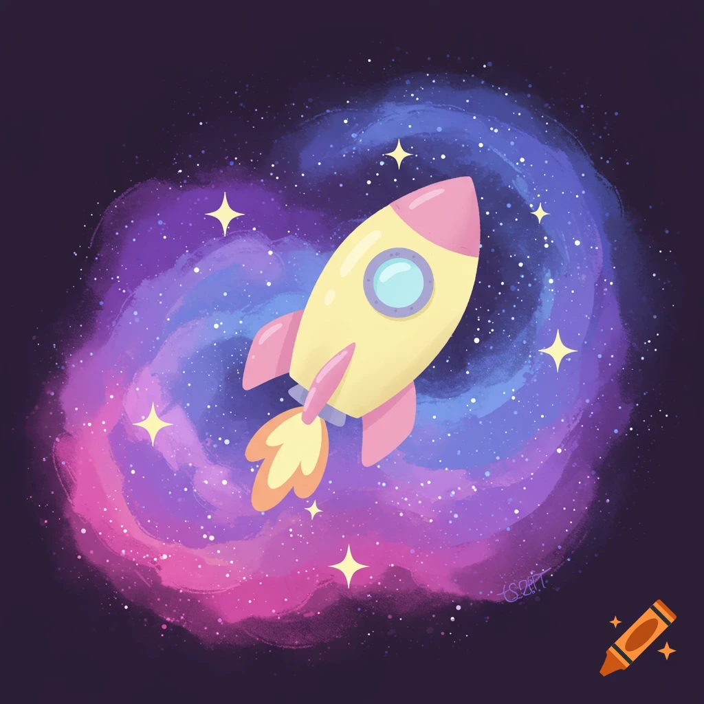 A cute yellow and pink cartoon rocket ship flies through a purple and blue galaxy.