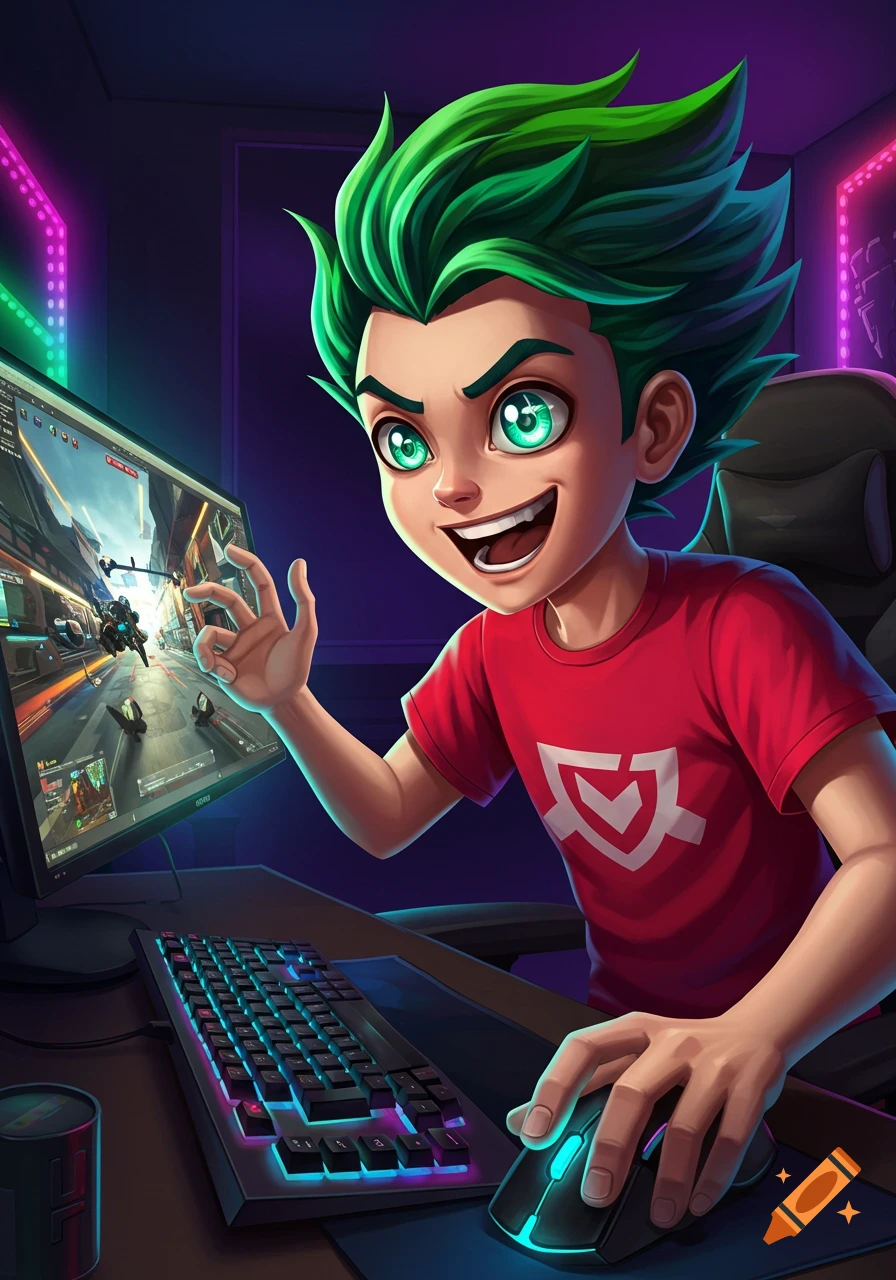 Cartoon boy with green hair plays a PC video game at a desk with neon lights.