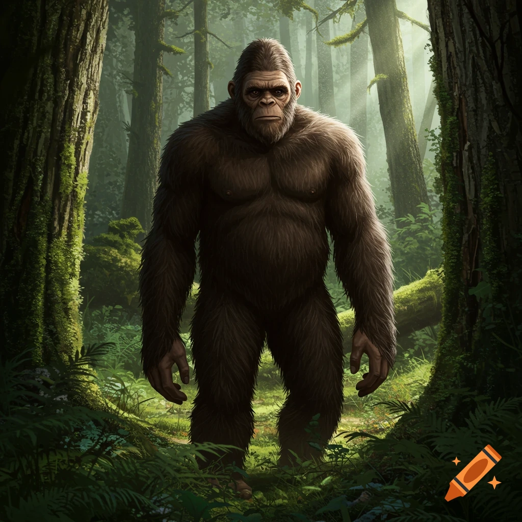 A realistic Bigfoot standing in a forest.