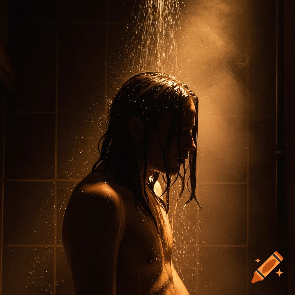 Person with long wet hair showering in dramatic lighting.