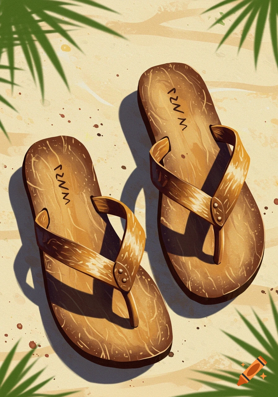A pair of sandals made of coconut shells on a sandy beach with palm leaves