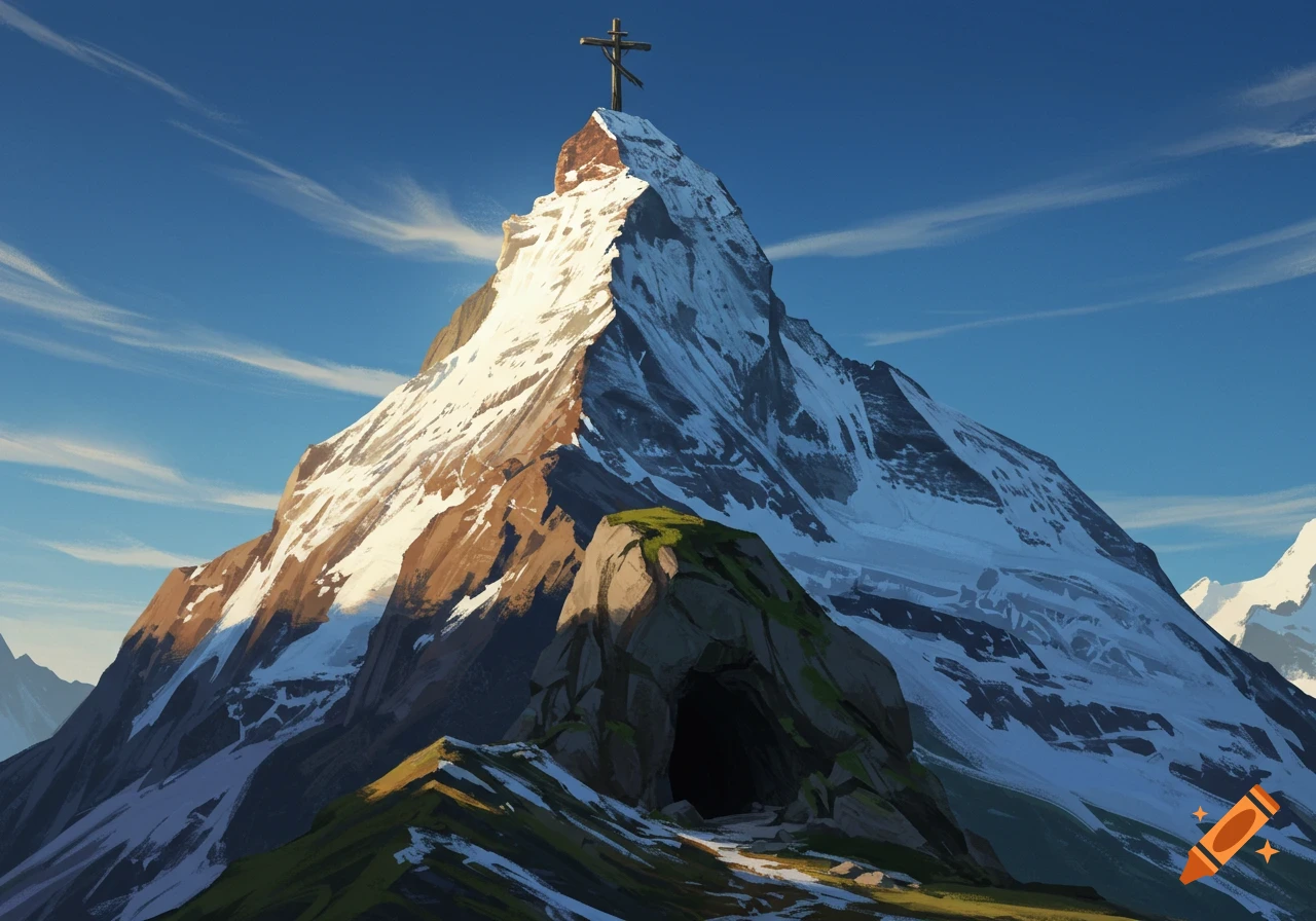 A snow-capped mountain with a cross on the summit and a cave entrance below.