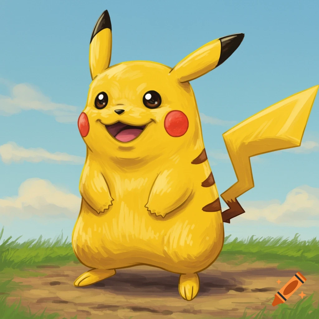 A yellow cartoon character resembling Pikachu standing in a grassy field.