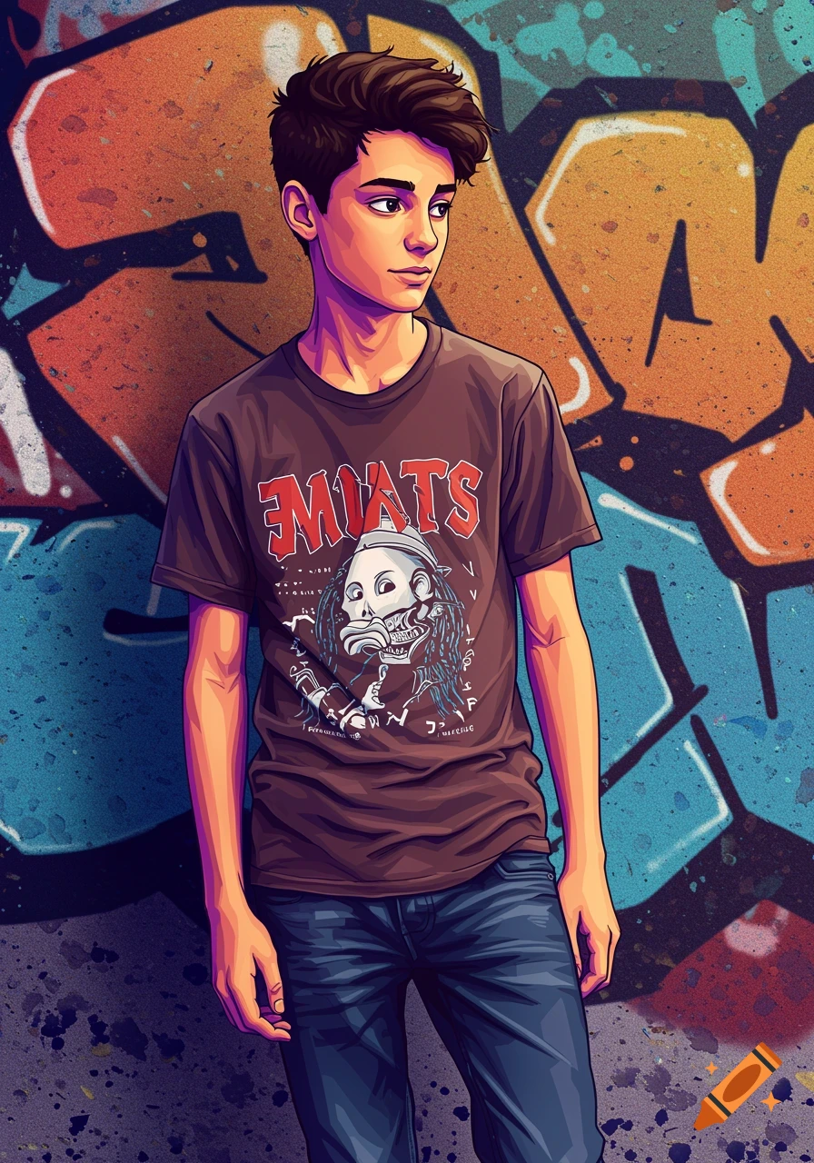 A teenage boy is shown leaning against a graffiti wall. He is wearing a graphic t-shirt and jeans.