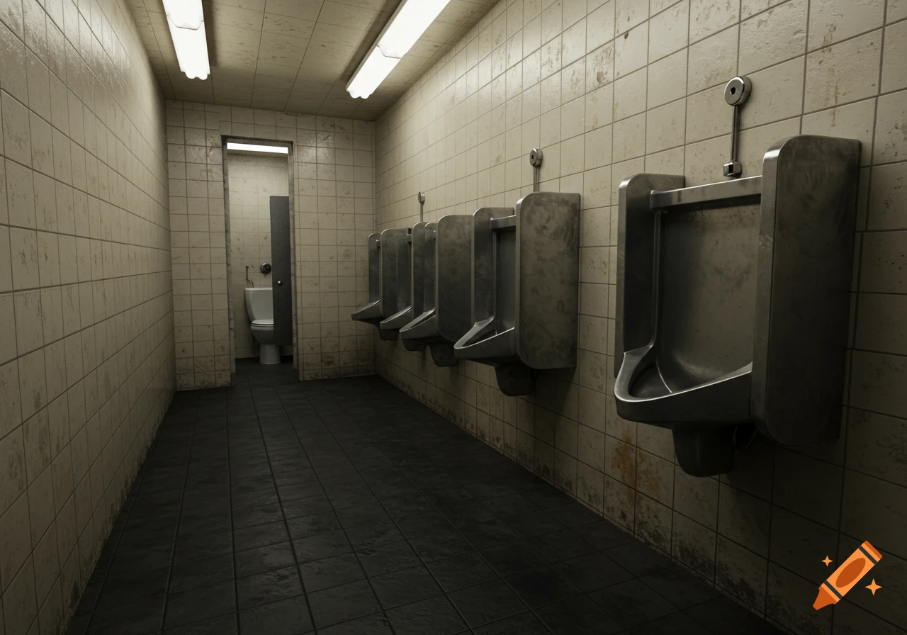 Realistic image of a public restroom with urinals and a toilet